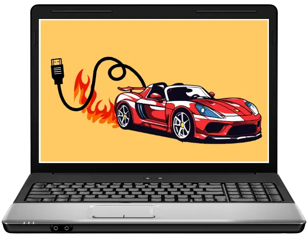imagen de un computador portatil y en su pantalla tiene un mouse de un carro deportivo