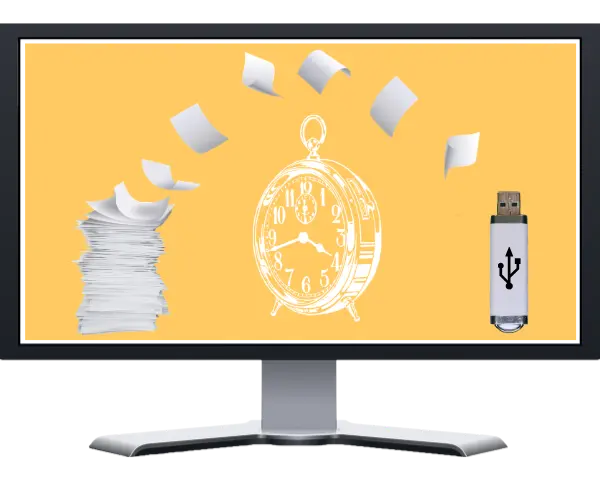 imagen de una pantalla de pc con un esquema donde se ve un monton de hojas que van elavadas por el aire y pasan a una usb por encima de un reloj