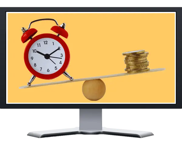 imagen de una pantalla de pc que tiene un esquema en una balanza donde el reloj que ejemplifica el tiempo es más pesado que un monto de monedas